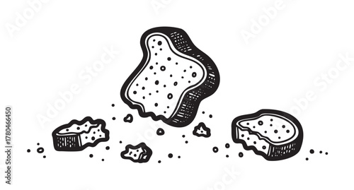 Black and white line drawing of crumbled cookies with scattered crumbs, depicting a simple dessert scene.
