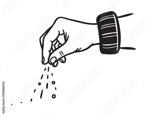 Black outline vector icon of a hand in a motion of sprinkling small particles. minimal linear illustration for cooking and seasoning concepts.