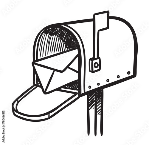 Black and white sketch of an open mailbox with an envelope inside, showing the flag raised for outgoing mail.