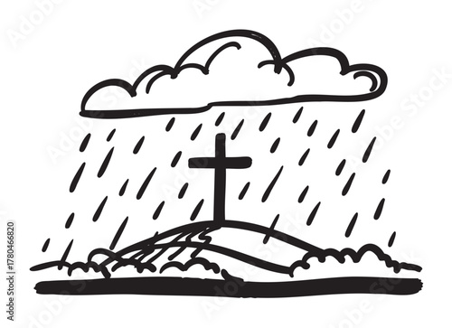 Black outline drawing of a christian cross on a hill with rain falling from a cloud above, symbolizing faith and hope in challenging times.