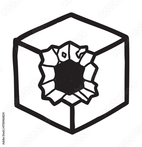 Black outline drawing of a dice-shaped solid with a circular explosion effect on one face, depicting a burst impact.