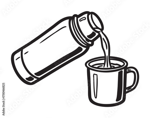 Black and white outline drawing of a thermos pouring hot liquid into a cup, illustrating a simple beverage pouring concept.