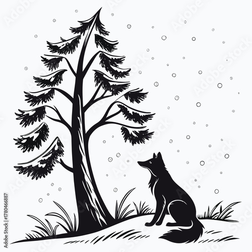 Lone wolf sits beside pine tree in snowfall artistic linocut style isolated on transparent background