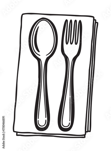 Black outline drawing of a spoon and fork neatly placed on a folded napkin, showcasing classic dining tableware settings.