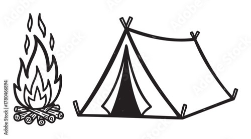 Black outline drawing of a triangular camping tent next to a campfire with logs, representing an outdoor adventure setup.