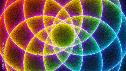 Colorful intersecting glowing circles overlap in rhythmic harmony created from thousands of individual dots. Geometric Flower of Life symbol. Circles forming kaleidoscopic symmetry with grain texture