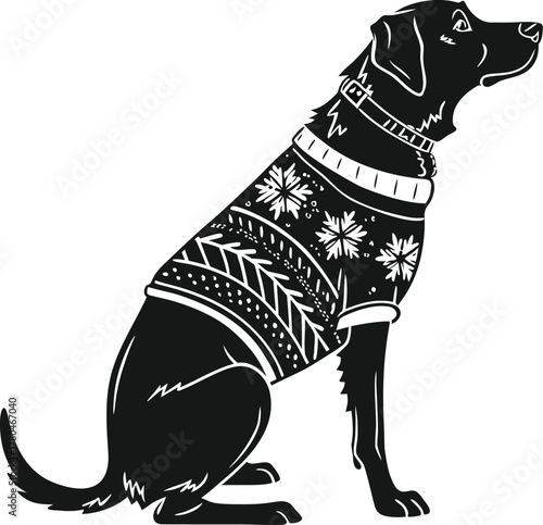 Silhouette of a black dog wearing a service dog vest sitting alertly isolated on transparent background