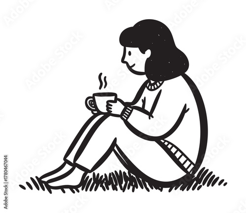 Black outline drawing of a seated female holding a steaming cup, with curly hair and a calm expression, sitting on grass.