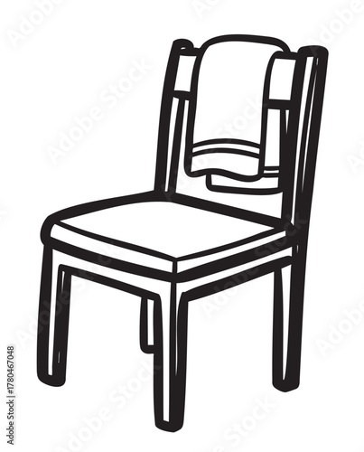 Black outline vector icon of a simple wooden chair with a cloth draped over the backrest, highlighting furniture and home decor concepts.
