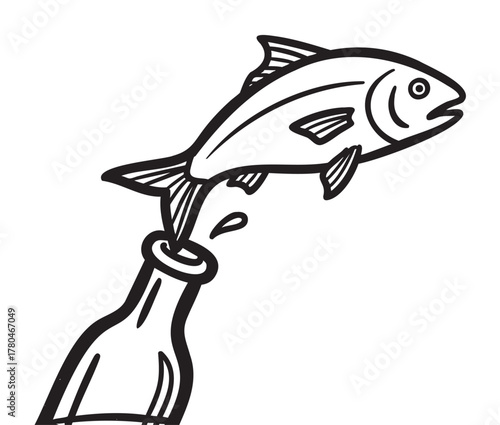 Black and white line art illustration of a fish emerging from the neck of a bottle, symbolizing creativity and imagination.