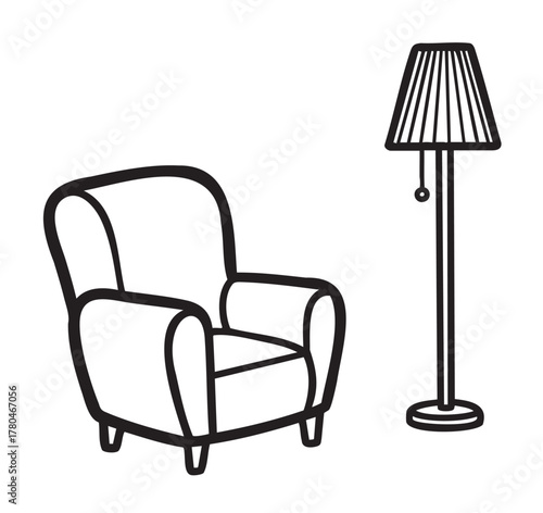 Black outline vector icon of a classic armchair alongside a tall, elegant floor lamp with a pull switch, illustrating home decor elements.