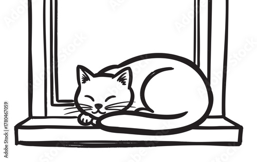 Black outline drawing of a content cat curled up on a windowsill with its eyes closed, showcasing a minimalist style.