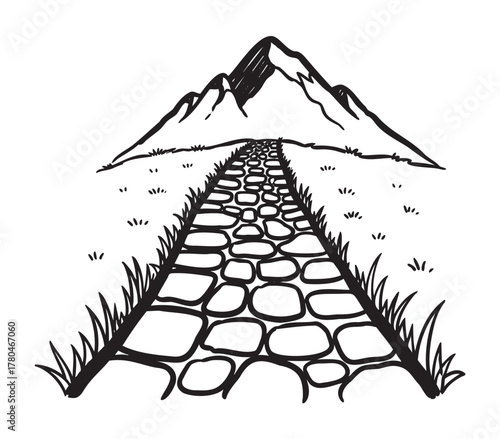 Black outline drawing of a cobblestone path leading towards distant mountains, flanked by grass on either side.