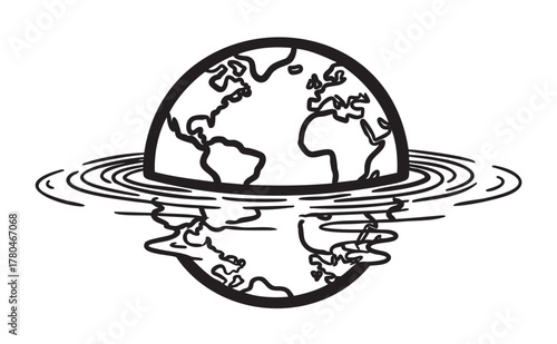 Black outline vector icon of a globe with rippling water effect, showing continents overlaid with ring patterns.