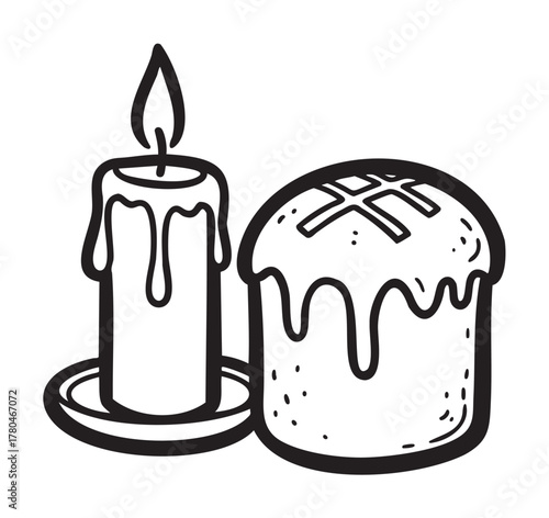 Black outline drawing of a cylindrical candle on a plate with wax dripping and a round loaf of bread topped with icing.