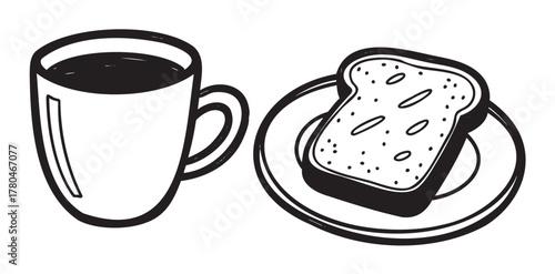 Black and white outline drawing of a coffee cup next to a piece of toasted bread on a plate, representing a simple breakfast concept.