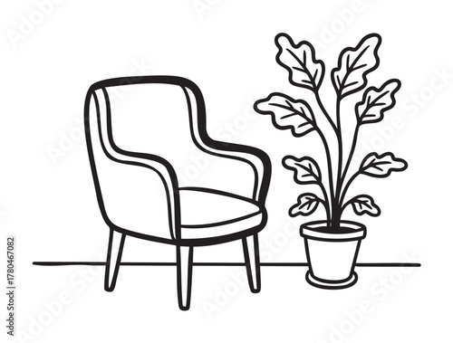 Black outline drawing of a cushioned chair next to a leafy potted plant. minimalist linear illustration for interior design and home decor themes.