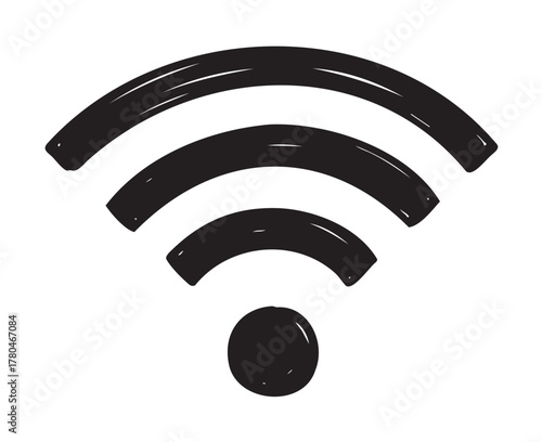Black hand-drawn wi-fi signal icon with three curved lines and a circular dot representing wireless internet connectivity.
