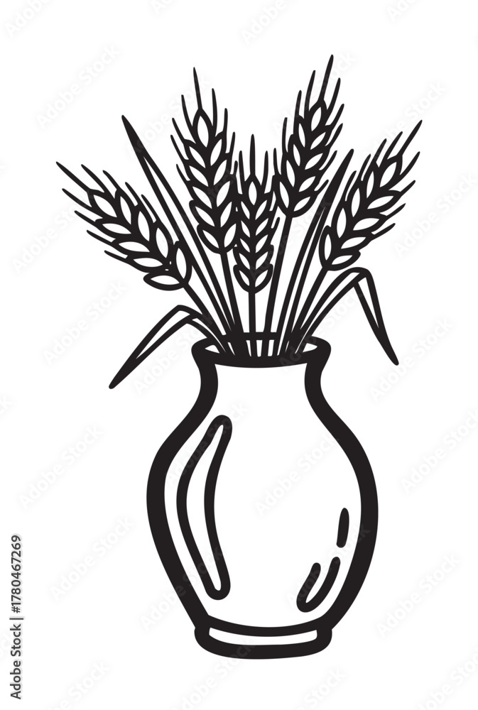 Obraz premium Black outline illustration of a vase filled with wheat stalks, representing simplicity and nature.