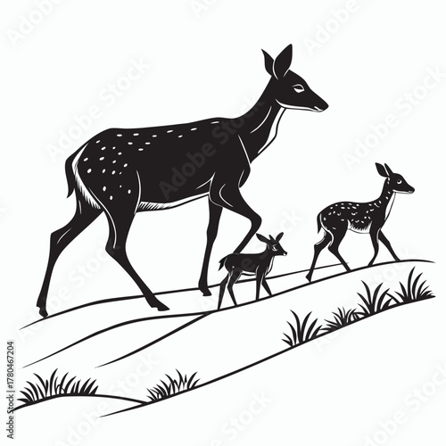 Silhouette of deer family walking on grassy hillside in artistic style isolated on transparent background