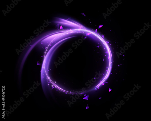 A glowing purple circular portal with bright rays of light and an energetic vortex on a dark background. A futuristic magic circle for fantastic interfaces and teleportation effects.