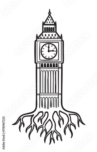 Detailed black line drawing of big ben with roots extending from its base, symbolizing deep historical foundations.
