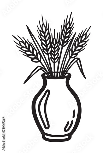 Black outline illustration of a vase filled with wheat stalks, representing simplicity and nature.