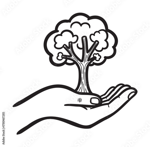 Black outline vector icon of a hand holding a small tree, symbolizing environmental care and sustainability.