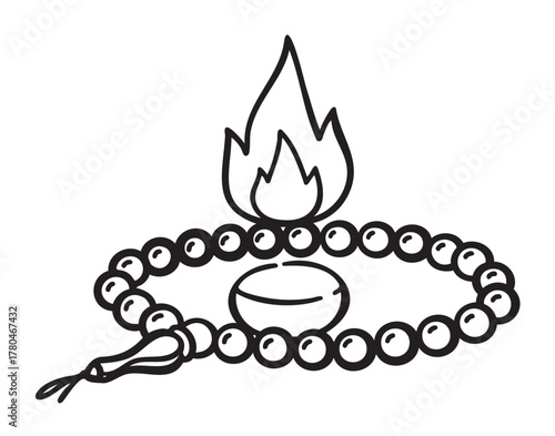 Black outline vector icon of a mala bead bracelet encircling a small flame, symbolizing spirituality and meditation.