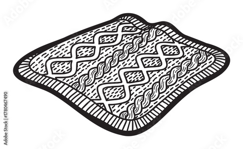 Black outline vector icon of a traditionally patterned knitted blanket with intricate geometric designs and textures.