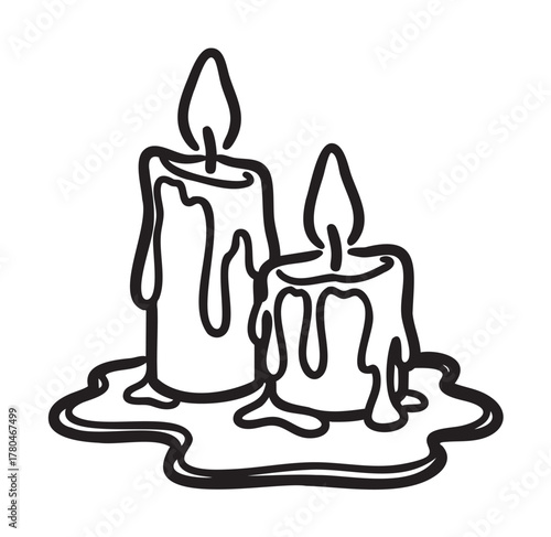 Two black outline vector icons of dripping candles with visible flames, illustrating simplicity and tranquility.