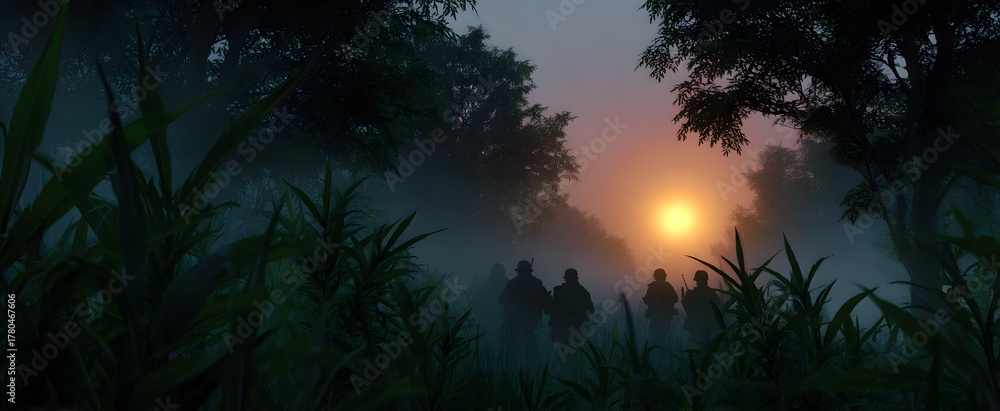Obraz premium Guerrilla fighters silently navigate the dense forest at dawn filled with tense anticipation