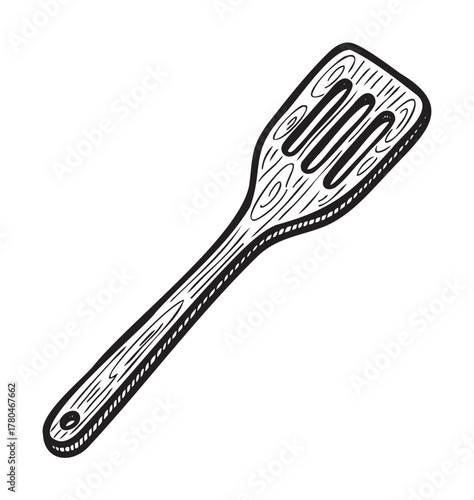 Hand-drawn black and white illustration of a wooden slotted spatula with intricate patterns and a hole in the handle.