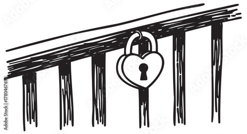 Black and white sketched image of a heart-shaped padlock attached to a wooden fence, symbolizing love and security.