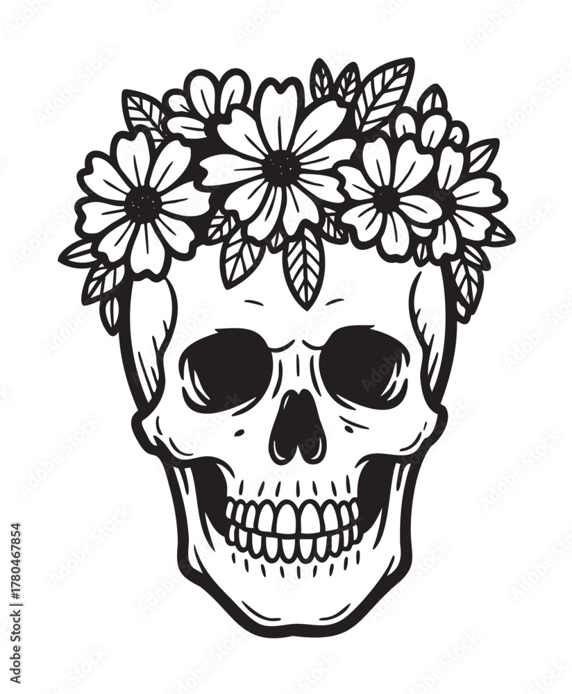 Fototapeta premium Black and white detailed drawing of a human skull adorned with a floral crown, featuring daisies and leaves.