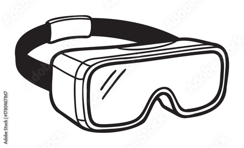 Black outline vector icon of virtual reality goggles with a broad strap, designed for immersive digital experiences.