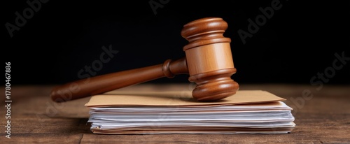 A polished judges gavel lies atop a thick stack of official legal documents