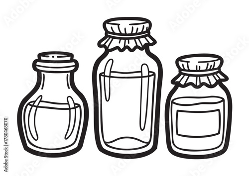 Black outline drawing of three jars of varying sizes with fabric covers, suitable for kitchen or preservation themes.