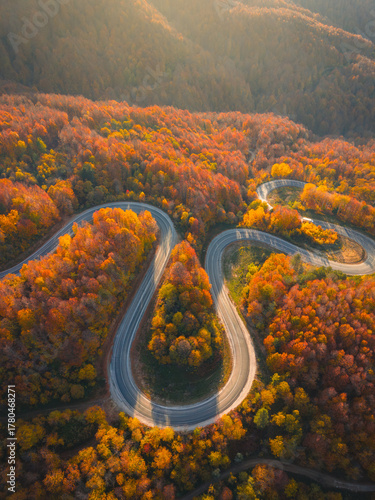 Aerial meandering and winding road through colorful autumn forest in Domanic, Kutahya