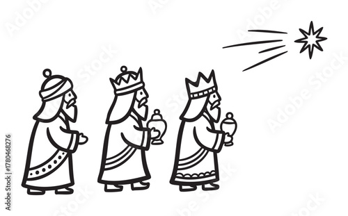 Black outline illustration of three wise men wearing crowns and robes, each carrying a gift, following a guiding star.