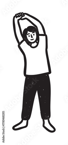 Black outline drawing of a young caucasian male stretching with arms raised in a simple fitness pose.