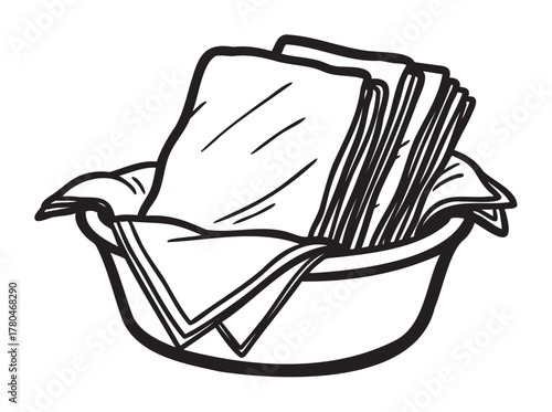 Black outline drawing of a neatly folded stack of hand towels inside a round bowl, with a cloth lining underneath.