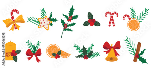 Christmas and New Year's themed set of decorative elements. Clip art with holly, berries, fir branches, bell, candy cane, gingerbread, mandarin, and cinnamon stick. Cozy, atmospheric holiday