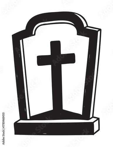 Black and white outline drawing of a tombstone with a cross in the center. simplistic design for funeral and memorial themes.
