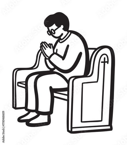 Black outline vector illustration of a young caucasian male with glasses, sitting and praying in a church pew.
