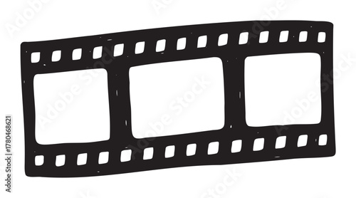 Black and white illustration of a wavy vintage filmstrip with sprocket holes and three empty frames.