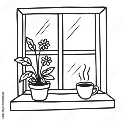 Black outline drawing of a windowsill with a potted daisy plant and a steaming cup, framed by a window with four panes.