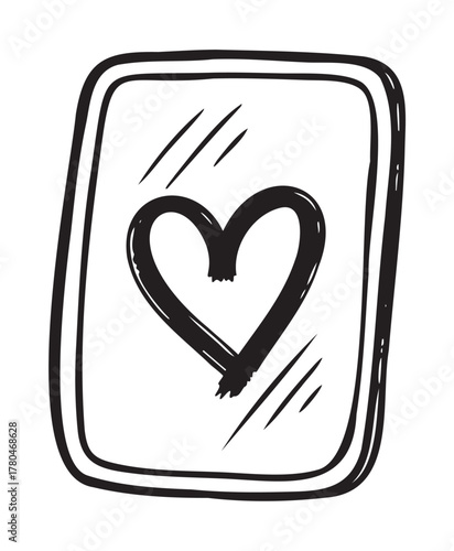 Black outline drawing of a heart inside a rectangular shape, conveying love and simplicity.
