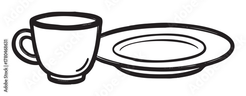 Black outline drawing of a simple cup with a handle placed next to a matching saucer, showcasing minimalist design for dining concepts.