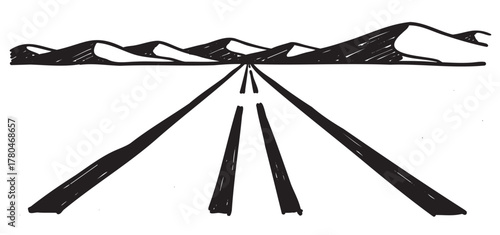 Black outline vector drawing of an empty road stretching toward distant mountains, showcasing a minimalist landscape perspective.